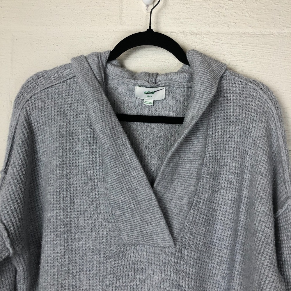 Aerie Womens Cozy Up Waffle Knit Hooded V-Neck Pullover Size XS Grey Comfy - Picture 4 of 16
